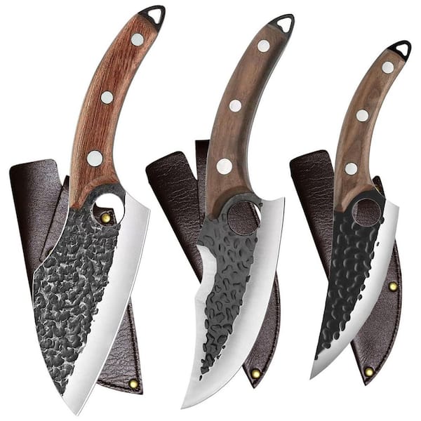 Numhew 3-Piece Stainless Steel Handmade Forged Kitchen Knife Set with Leather Sheaths