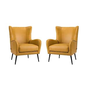 Harpocrates Modern Yellow Wooden Upholstered Nailhead Trims Armchair With Metal Legs Set of 2