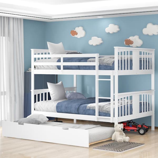 Polibi White Full Over Full Bunk Bed with Twin Size Trundle and Ladder