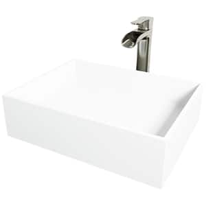 Matte Stone Bryant Composite Rectangular Vessel Bathroom Sink in White with Niko Faucet and Drain in Brushed Nickel