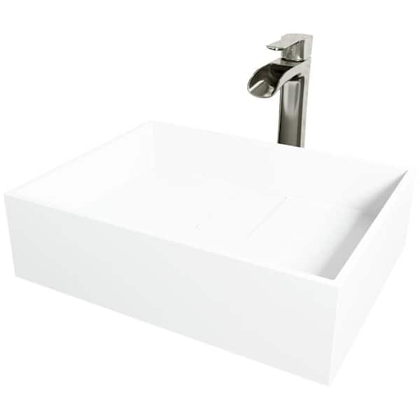 VIGO Matte Stone Bryant Composite Rectangular Vessel Bathroom Sink in White with Niko Faucet and Drain in Brushed Nickel