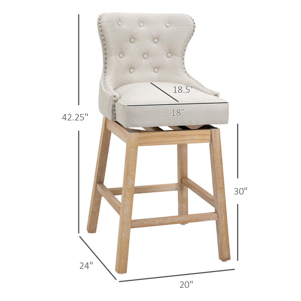 Cream Upholstered Swivel Bar Stools with Wood Legs, Set of 2