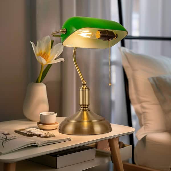 YANSUN 15 Gold Finish Vintage Bankers Lamp with Green Glass