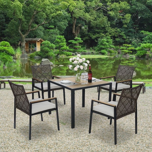 5-Piece Acacia Wood Patio Outdoor Dining Set with White Cushions and Umbrella Hole, Rattan Chairs, Brown