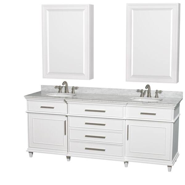 Wyndham Collection Berkeley 80 in. Double Vanity in White with Marble Vanity Top in White Carrara and Undermount Round Sinks