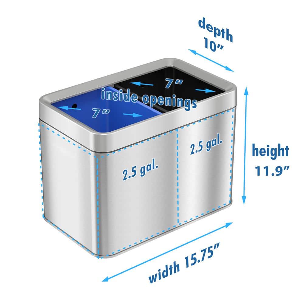 Brushed Silver Stainless Steel Dual Compartment Trash and Recycle Bin