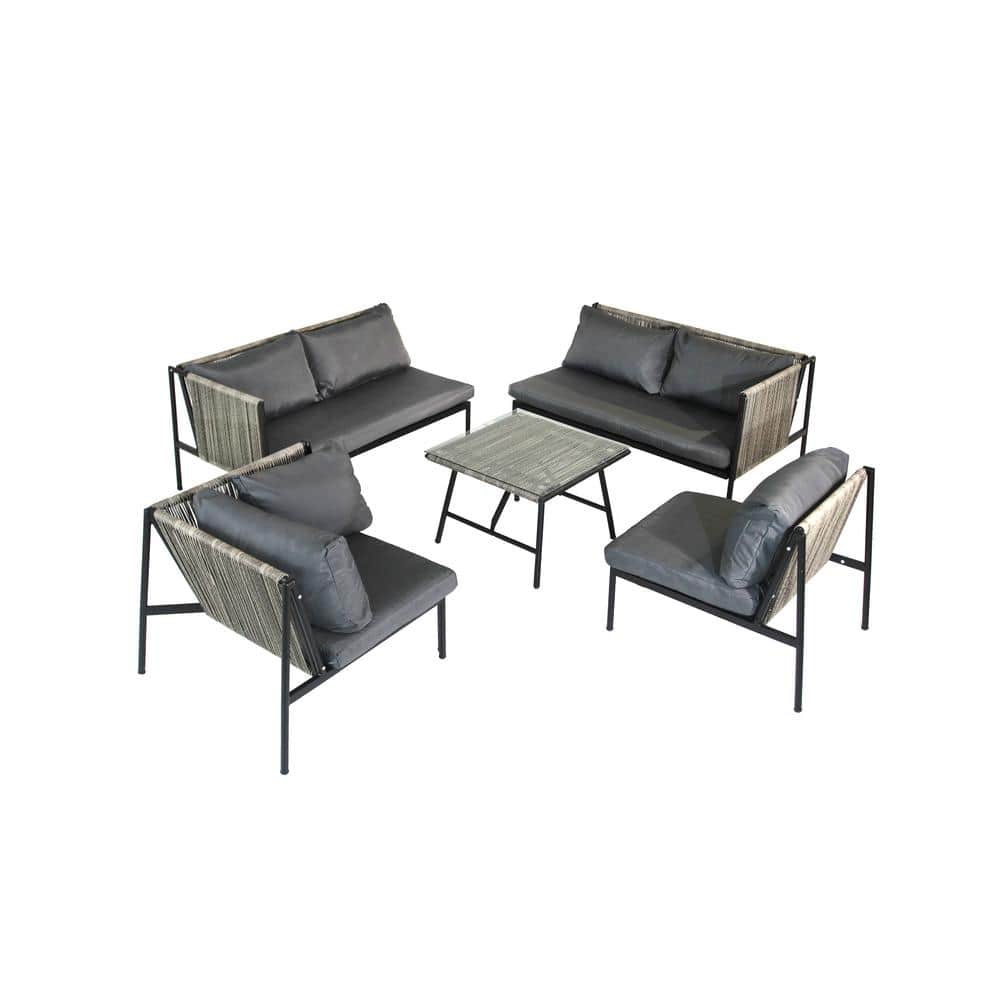 5-Piece Rattan Wicker Patio Conversation Set Outdoor Garden Sofa Set with C