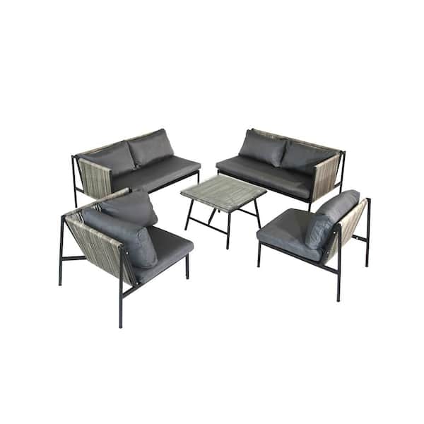 Unbranded 5-Piece Rattan Wicker Patio Conversation Set Outdoor Garden Sofa Set with Cushions in Dark Grey