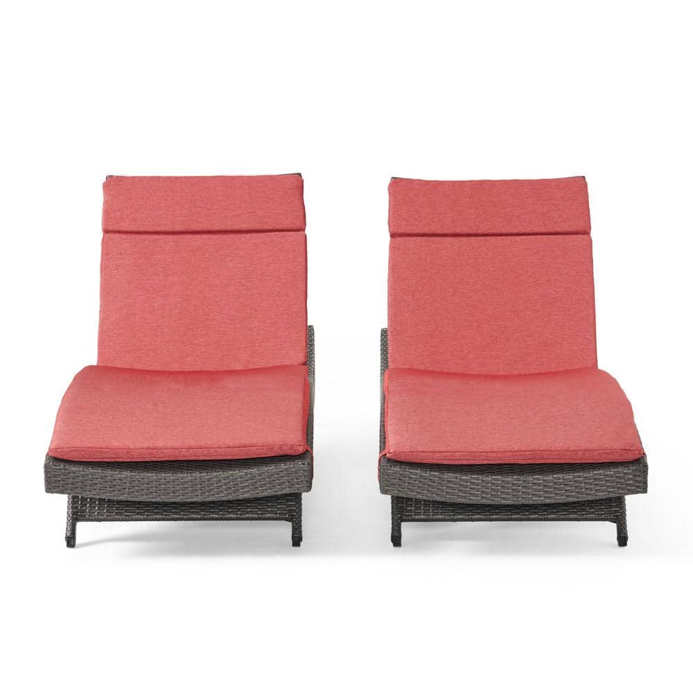 Red Cushioned Armless Wicker Outdoor Chaise Lounge Set