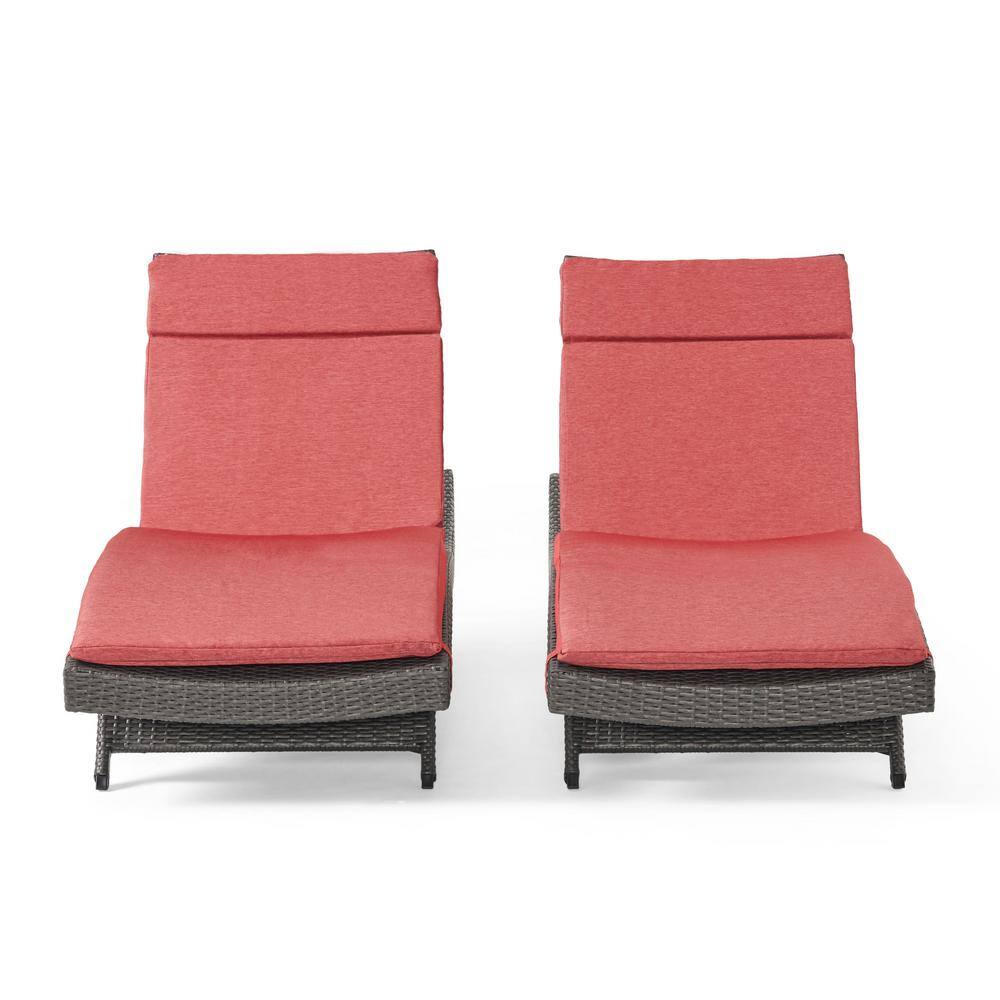 Red Cushioned Armless Wicker Outdoor Chaise Lounge Set