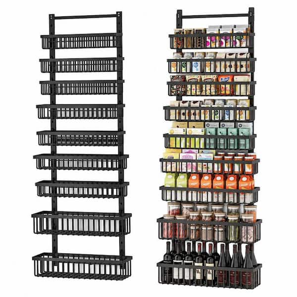 9-Tier Black Rust Resistant Over the Door or Wall Mount Pantry Organizer with Adjustable Baskets