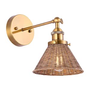 6.88 in. 1-Light Gold Sconce Wall Sconce Light with Rattan Shade