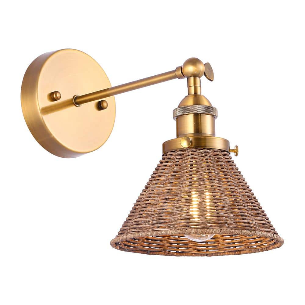 Brass and Rattan Swing Arm Wall Sconce with Woven Shade