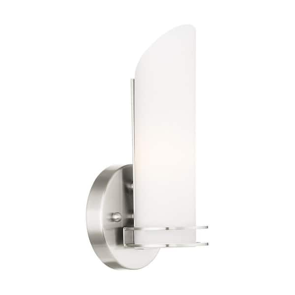 AVIANCE LIGHTING Shelton 4.5 in. 1-Light Brushed Nickel Wall Sconce with Satin Opal White Glass