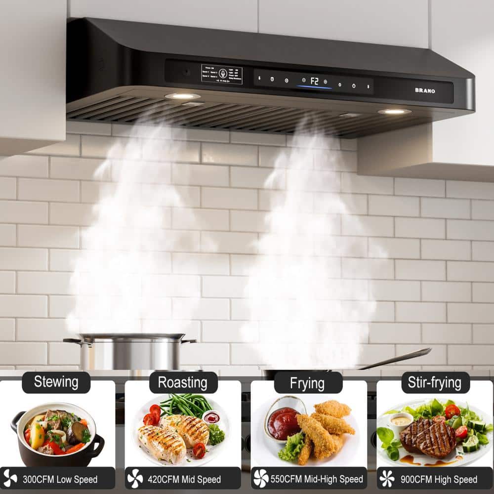 36 in. 900CFM Ducted Under Cabinet Range Hood in Black Stainless Steel with Filter and LED Lights