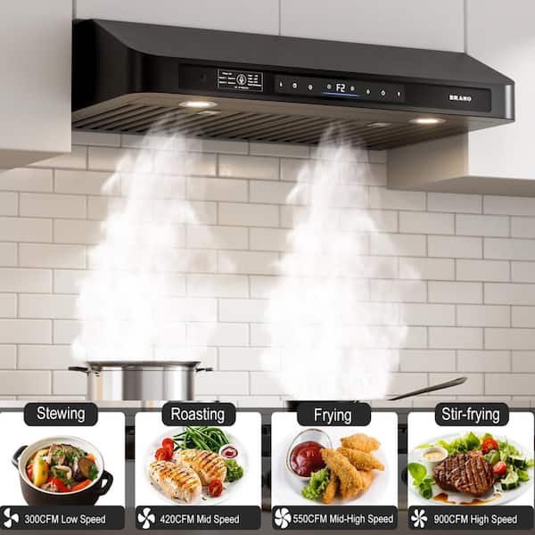 BRANO 36 in. 900CFM Ducted Under Cabinet Range Hood in Black Stainless Steel with Filter and LED Lights