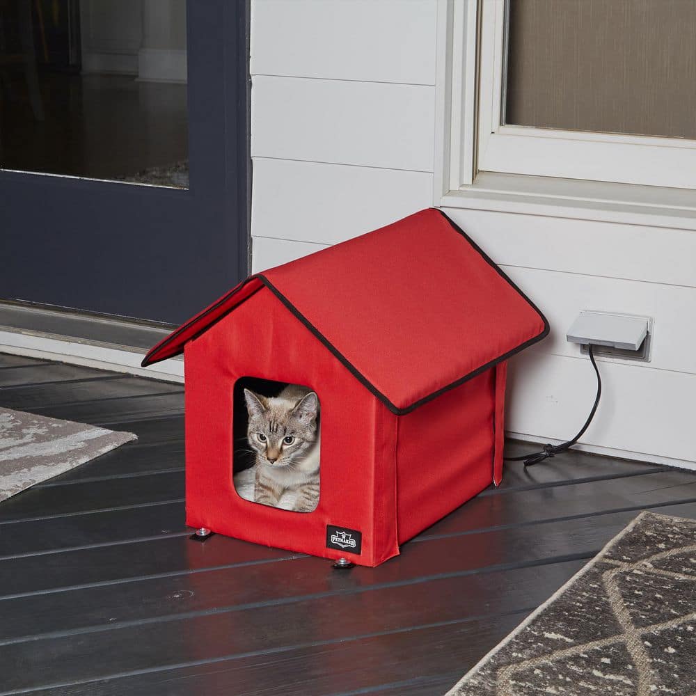 Red Heated Cat House with Sherpa Pad and Zippered Roof