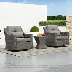 Thaddeus 3 Pieces Gray Fabric Rocking Wicker Swivel Arm Chairs and Side Table  with Grey Cushions for Outdoor & Indoor