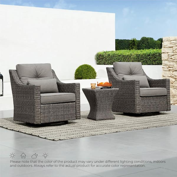 Spruce & Spring Thaddeus 3 Pieces Gray Fabric Rocking Wicker Swivel Arm Chairs and Side Table with Grey Cushions for Outdoor & Indoor