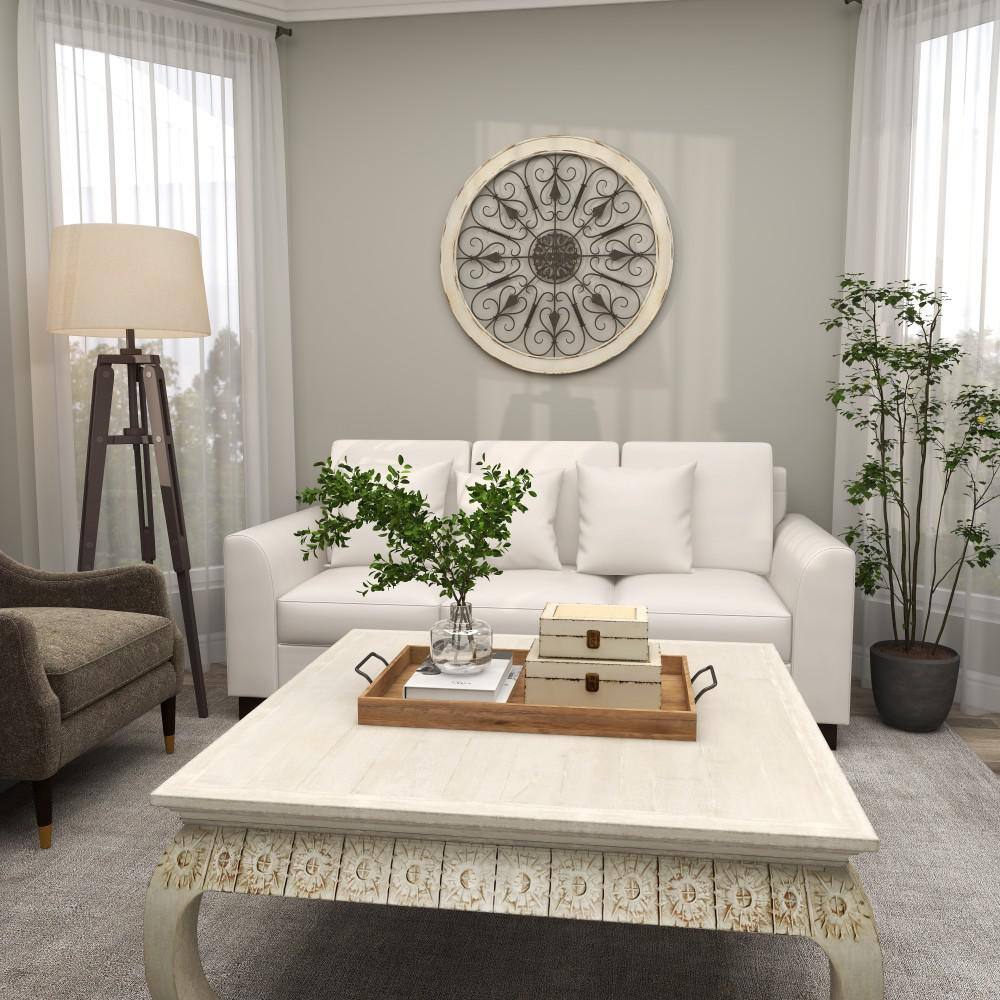 White Distressed Wood and Iron Scroll Wall Decor, 36" Round