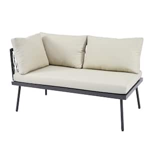 Outdoor 3-Piece PE Wicker Rattan Sofa Set Patio Conversation Metal Furniture Set with Beige Cushions and Glass Table