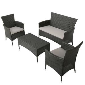 Malta Grey 4-Piece Faux Rattan Outdoor Patio Conversation Set with Grey Cushions