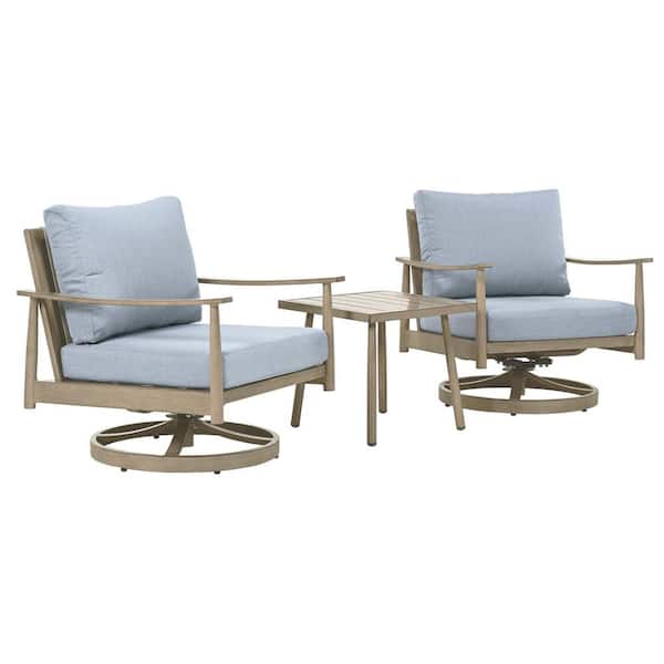 Sunset Retreat 3-Piece Aluminum Patio Conversation Set with 2-Swivel Chairs and Blue Cushions