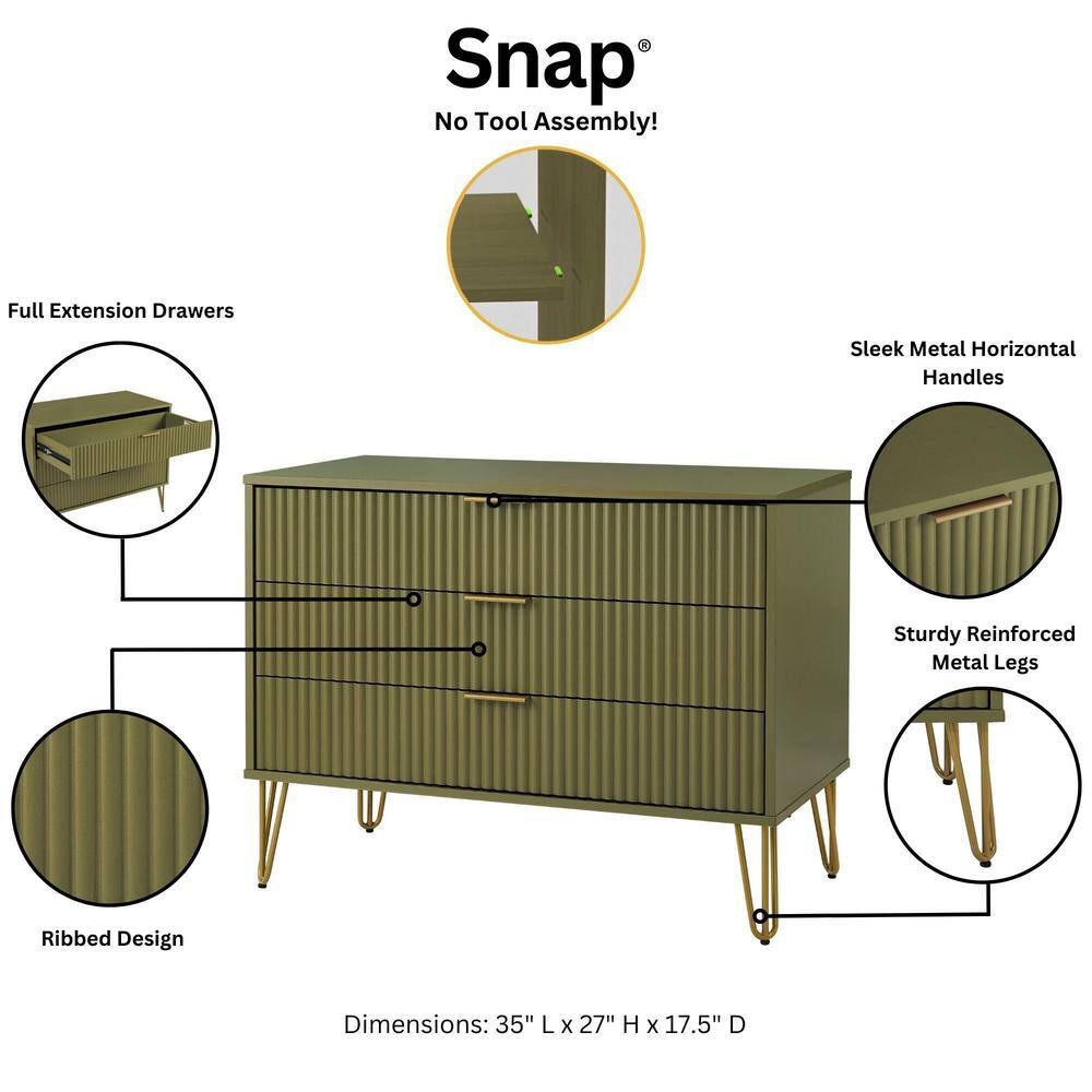 Olive Green 3-Drawer Chest with Gold Hairpin Legs