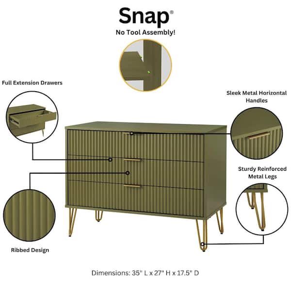 Manhattan Comfort DUMBO Modern Olive Green 3-Drawer 35.19 in. Dresser with  SNAP Assembly - Tool-Free, Effortless Setup DR001-OG - The Home Depot
