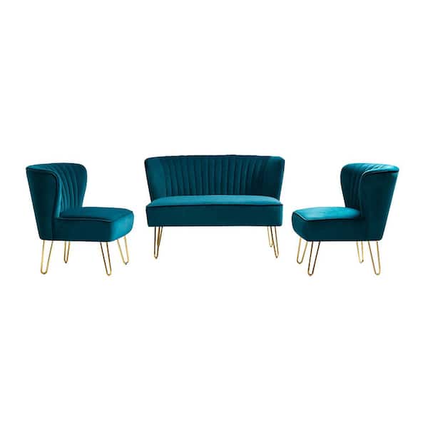 JAYDEN CREATION Alonzo 45 in. 3-Piece Teal Living Room Set with Tufted Back Design