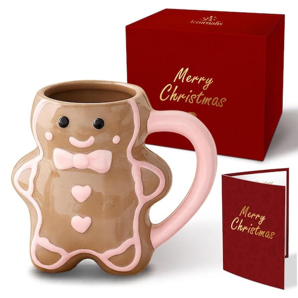 13 oz Cute Brown Ceramic Mug (Set of 1), Christmas Gingerbread Man Design Drinkware with Red Gift Box and Greeting Card