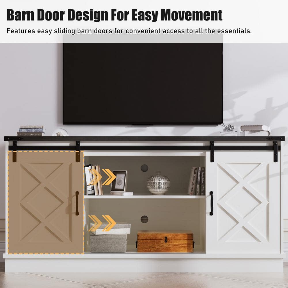White Farmhouse 58" TV Stand with Sliding Barn Doors