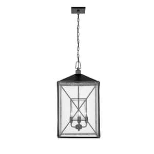 Caswell 25 in. 4-Light Powder Coated Black Outdoor Pendant Light with Clear Seeded Glass