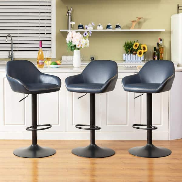 Glitzhome 42.5 in. H Navy Blue Mid Century Modern Vintage Leatherette Gaslift Adjustable Swivel Bar Stool Set of 3 2026400043 The Home Depot