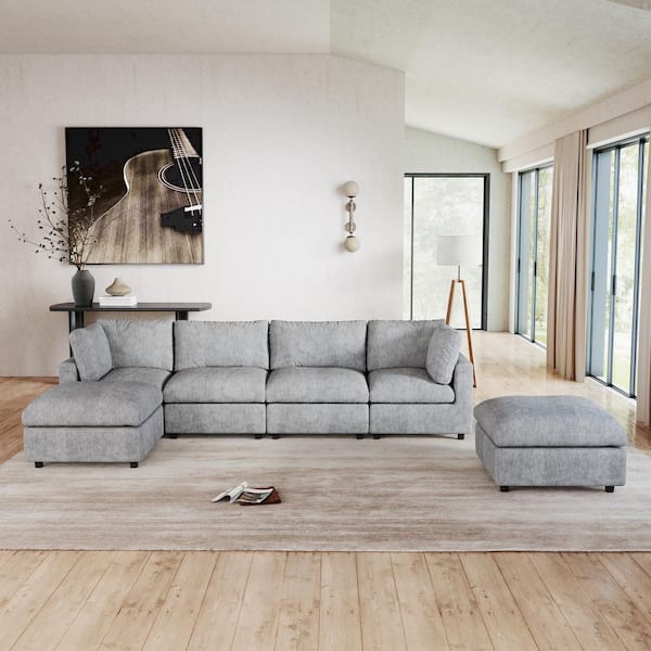 Convertible Cloud Couch, 134 in. Square Arm Chenille U-Shaped Sofa with Ottoman, Washable Cover for Living Room in. Gray