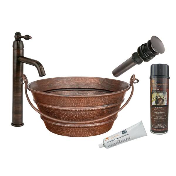 Premier Copper Products All-in-One Round Bucket Hammered Copper 16 in. Vessel Sink with Handles in Oil Rubbed Bronze