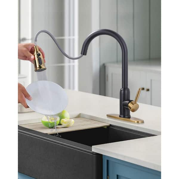 Single Handle Deck Mount Gooseneck Pull Down Sprayer Kitchen Faucet with Deckplate Included in Black and Gold