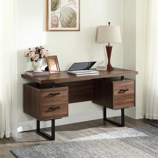 Merax 59 in. W Rectangular Brown Wood 3 Drawer Computer Desk