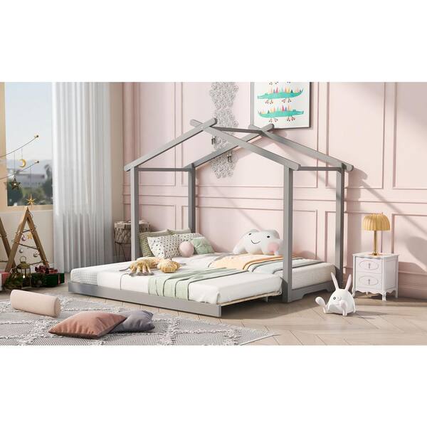 ANBAZAR Gray Twin XL/King Size House Platform Bed with Trundle Convertible Wood Kids Bed Frame with House Roof 00949ANNA - The Depot