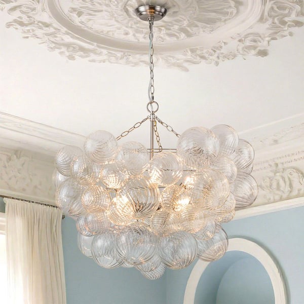 Neuvy 8-Light 33 in. W Nickel Chandelier with Swirled-Glass Orb Cluster Bubble Ribbed Glass Chandelier for Living Room