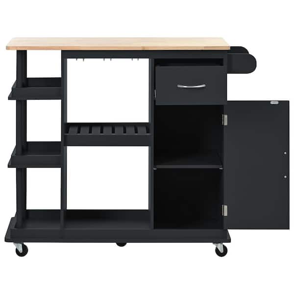 Boosicavelly Black Rubber Wood MDF Kitchen Cart with Wine Rack and Side Storage Shelves