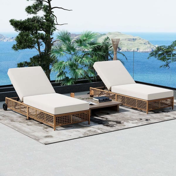 2-Piece Natural Brown Wicker Outdoor Chaise Lounge with Beige Cushions, 5-Position Backrest, Wheels