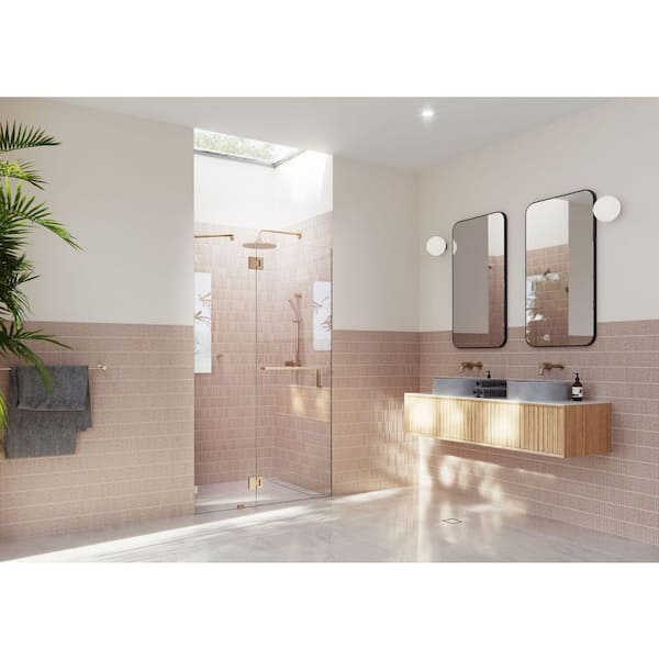 Mimas 41. 75 in. W x 78 in. H Glass Hinged Frameless Towel Bar Shower Door in Brushed Bronze with Clear Glass