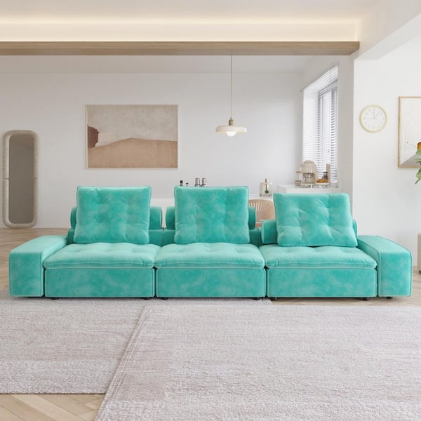 Magic Home Modern Oversized 142 in. Square Arm Deep Seat 3-Seater Frosted Velvet Cloud Couch Modular Sectional Sofa in Tiffany Blue
