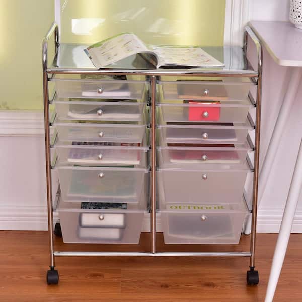 12 Plastic Drawers Rolling Cart Storage Organizer Bins with Four wheels in White