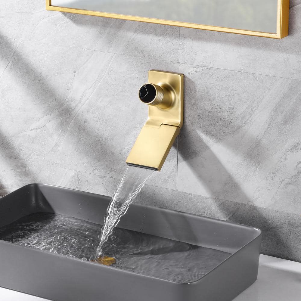 Brushed Gold Brass Wall Mount Bathroom Sink Faucet with Swiveling Waterfall Spout