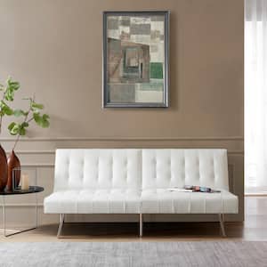 68.5 in W White Tufted Split Back Futon Sofa Bed, Linen Couch Bed, 3-Seat Futon Convertible Sofa Bed