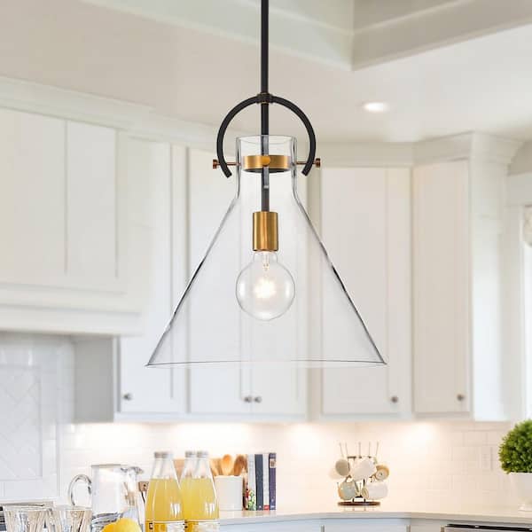 Essence 1-Light Contemporary Oil Rubbed Bronze and Antique Gold Pendant with Clear Cone Glass Shade