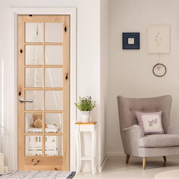 36 in. x 96 in. Krosswood French Knotty Alder 12-Lite Tempered Glass Solid Right-Hand Wood Single Prehung Interior Door