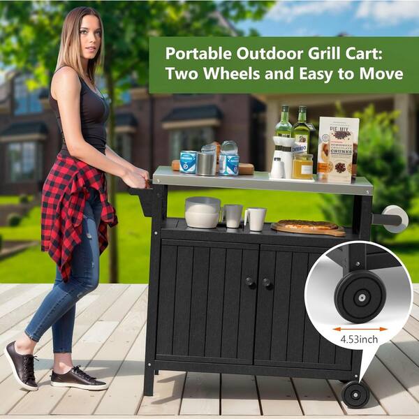 Outdoor Grill Table Cart With Stainless Steel Top - 54.5" Rolling Kitchen Island, Lockable Wheels, Storage Cabinet (Black)